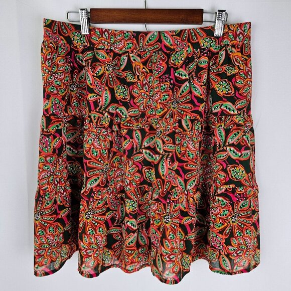 J. Crew Floral Boho Pink Green Print Skirt Large Tired Ruffle Knee Length Flowy - Picture 3 of 9